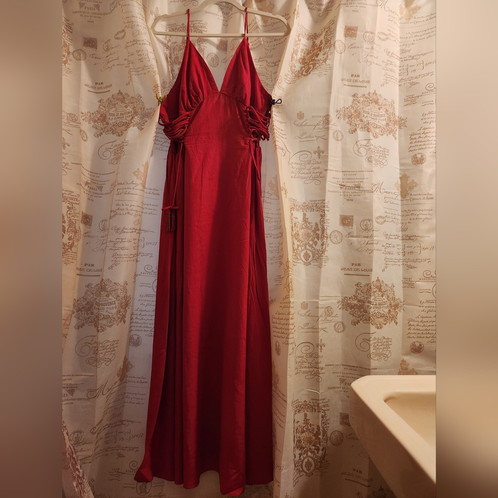 Farm rio Linen-Blend Lace-Up Midi-Dress red sz L,XL BNWT - Picture 11 of 13